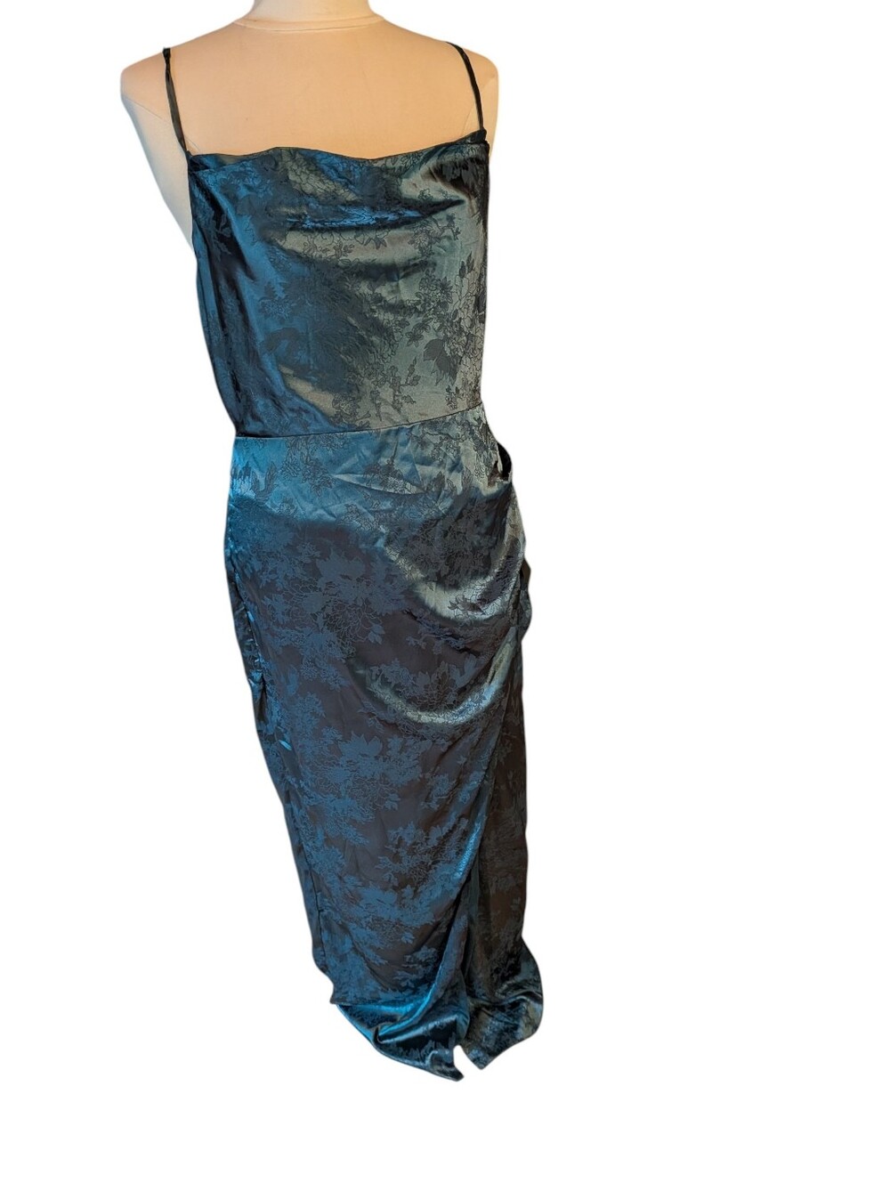 Lulu's Dark Green Sexy Full Length Gown, Slit Gathered Side Size Large NWT